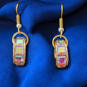 Elegant Gold and Iridescent Pave Crystal Drop Earrings. NWT
